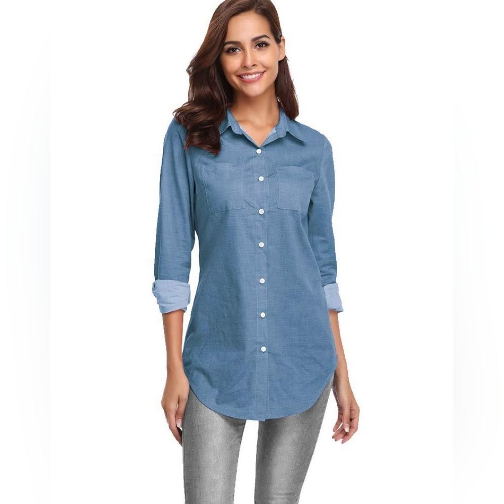 Fuinloth Button Down Blouse Top Blue Denim Chambray Cotton Tailored Fit Small